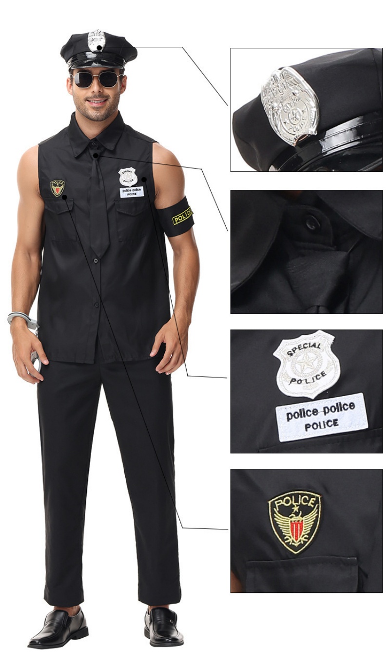 Mens Police Officer Costume Set Halloween Cop Cosplay Sleeveless Uniform Set